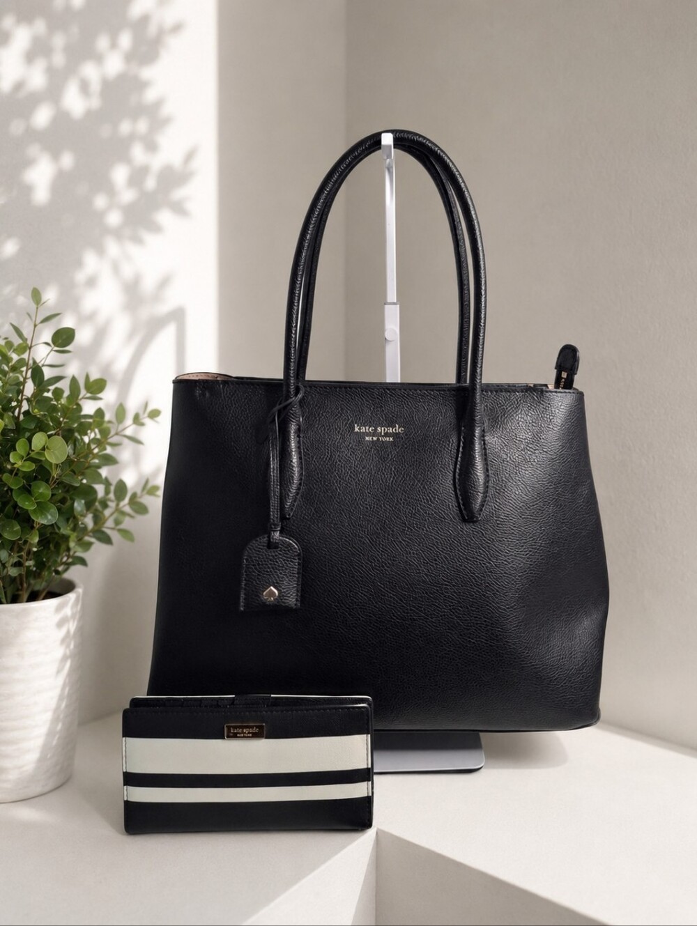 Kate Spade Eva Large Black Leather Tote & Striped Wallet Set
